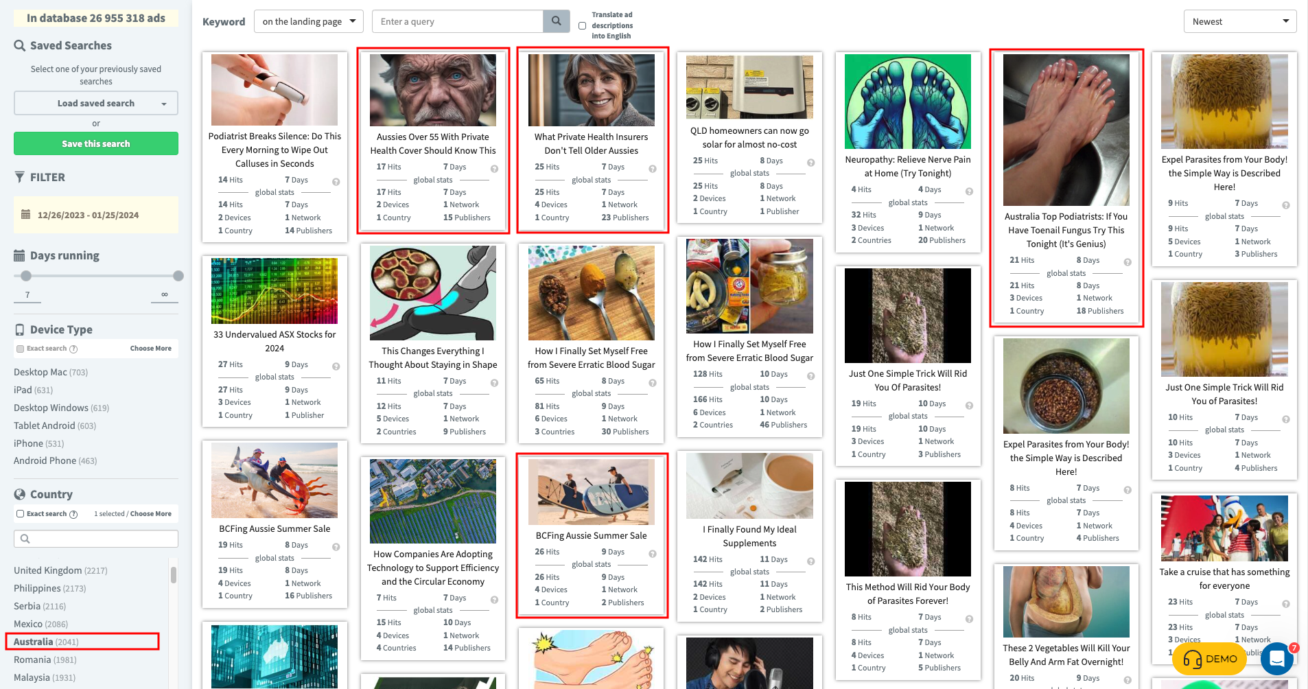 Country Filter Ad Results
