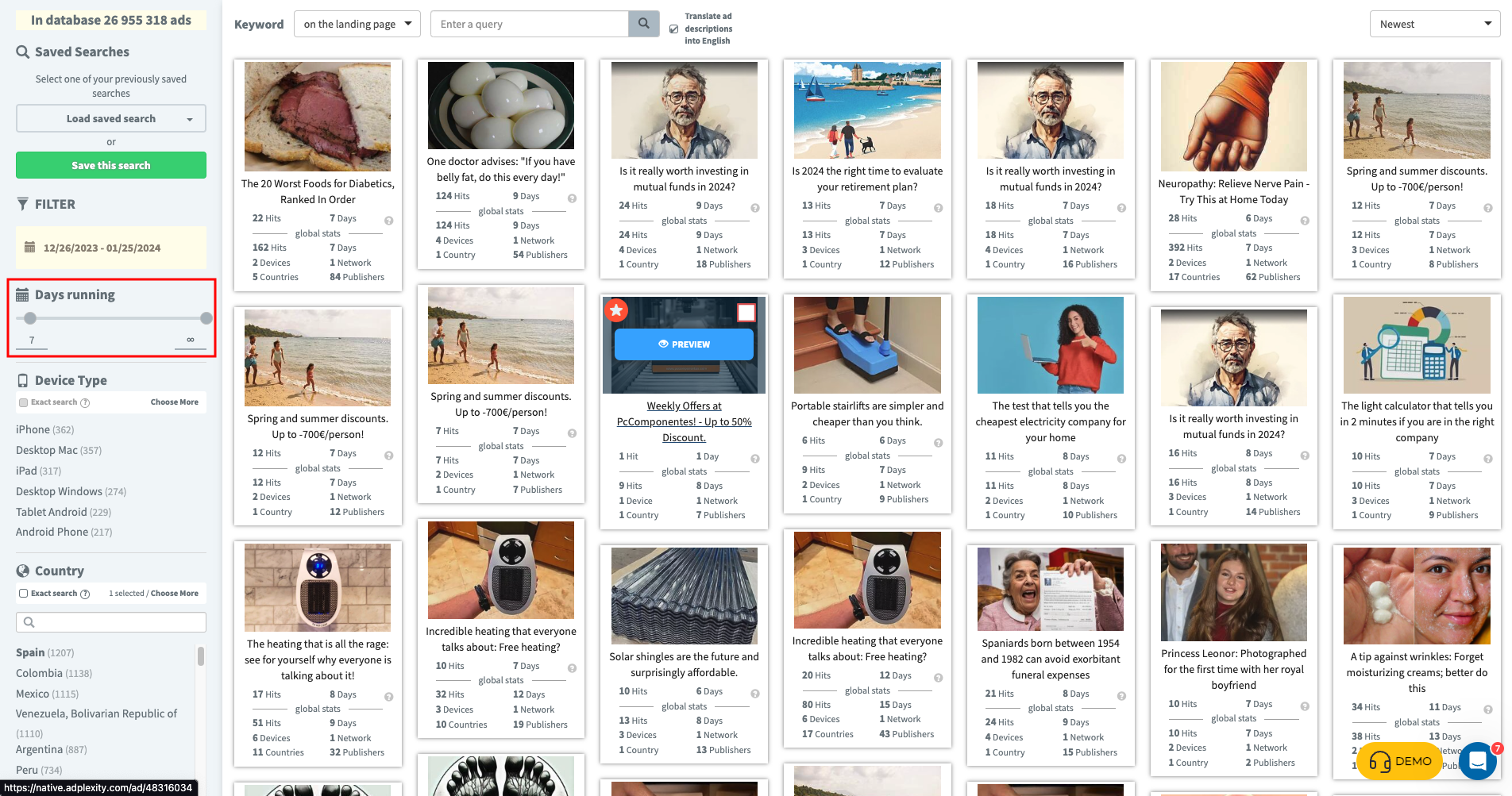 Dasy Running Filter Ad Results