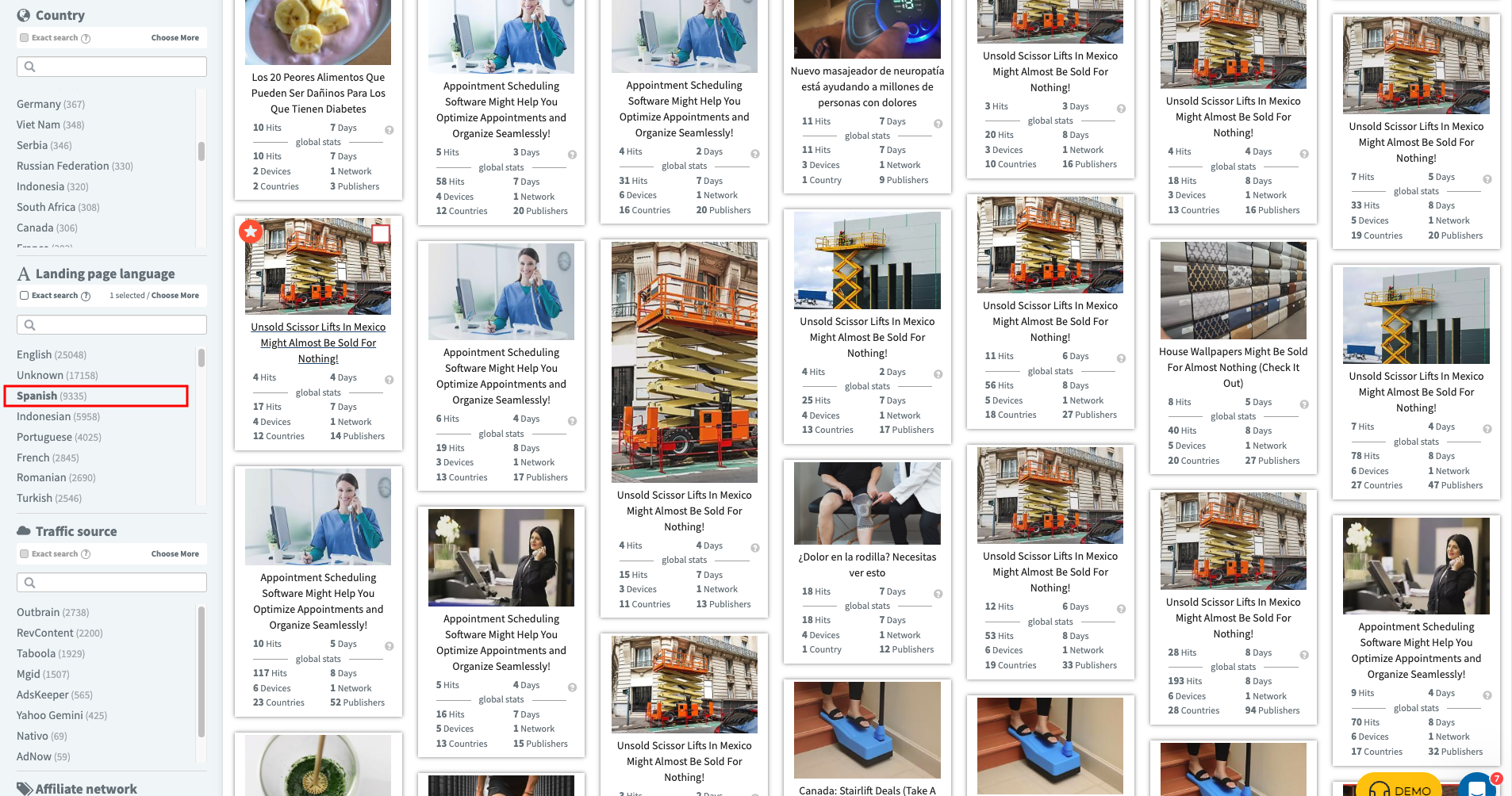 Spanish Filter Ad Results