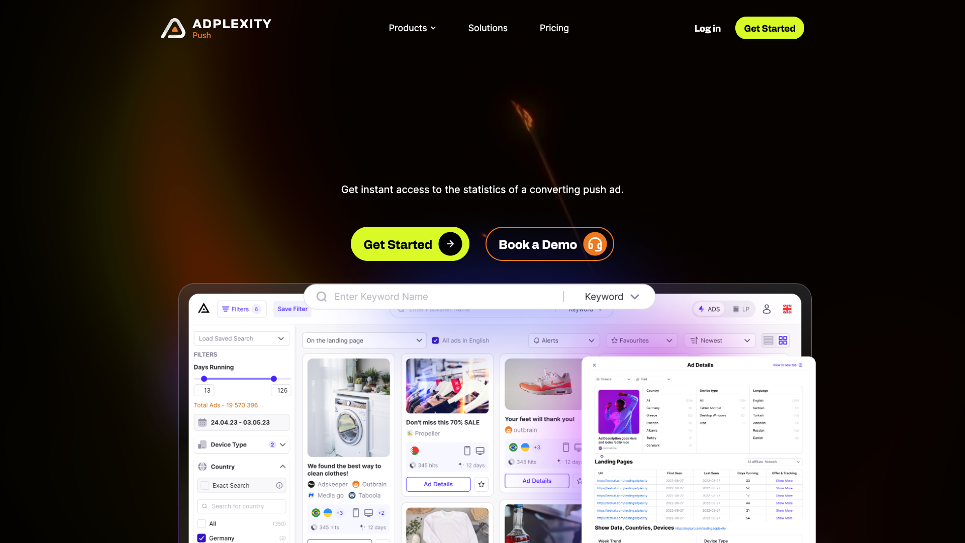 Screenshot of the AdPlexity Push website
