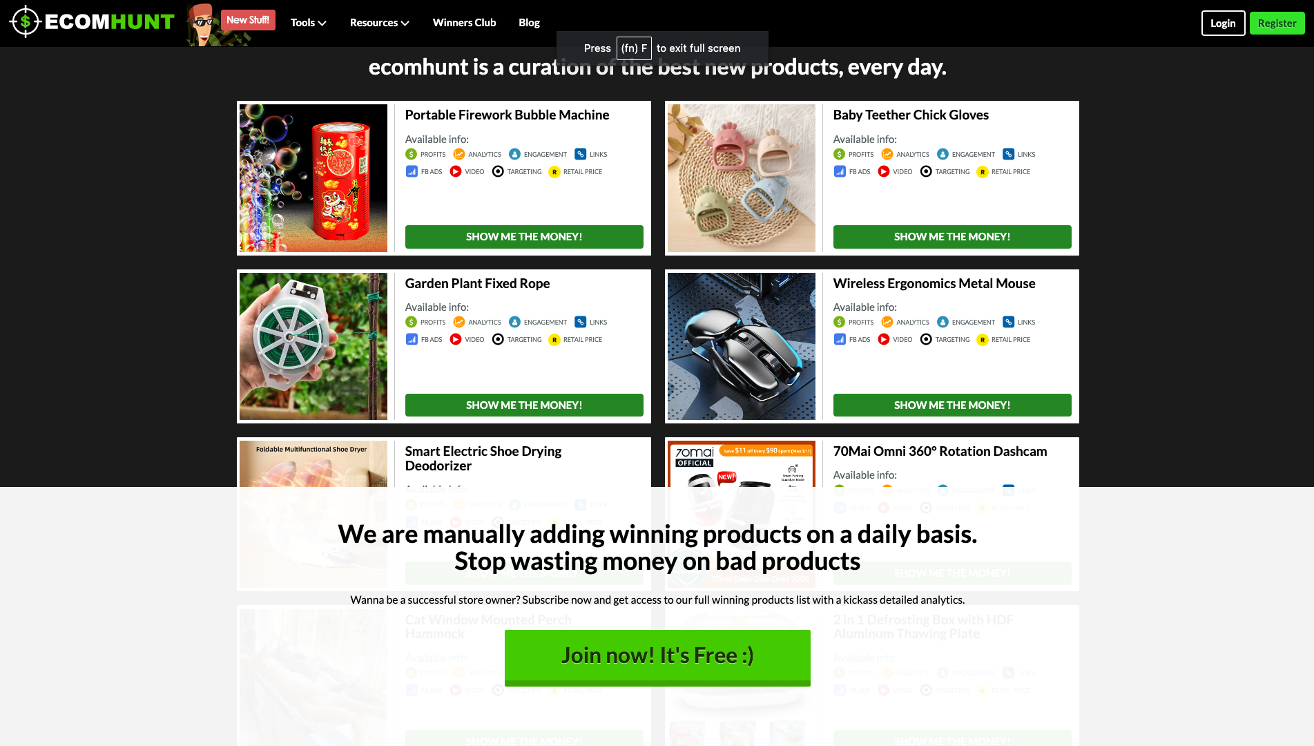 Screenshot of the Ecomhunt website